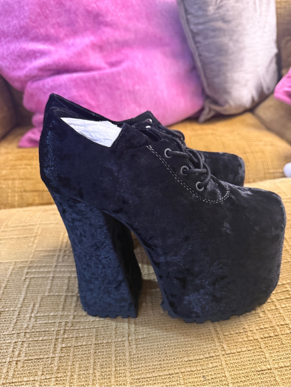 Dolls Kill Navy Blue Crushed Velvet Platform Lace-Up Heels - Picture 4 of 6